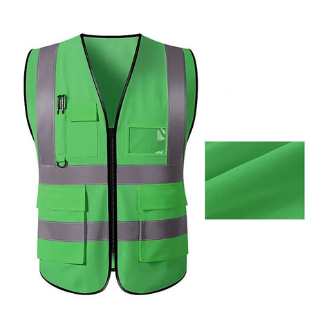 Unisex multi-pocket safety vest in bright green with reflective stripes, made of breathable woven polyester.