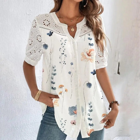 LaceMood™ casual lace shirt featuring floral print, short sleeves, and open stitch design, perfect for holiday style.