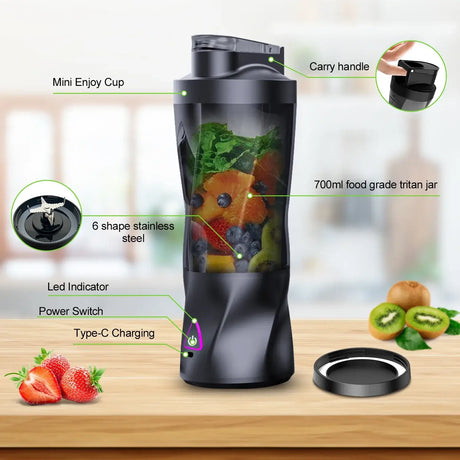 Electric Portable Juicer 700ML by KIRAINAFLY with fruit, stainless steel blades, LED indicator, and Type-C charging.