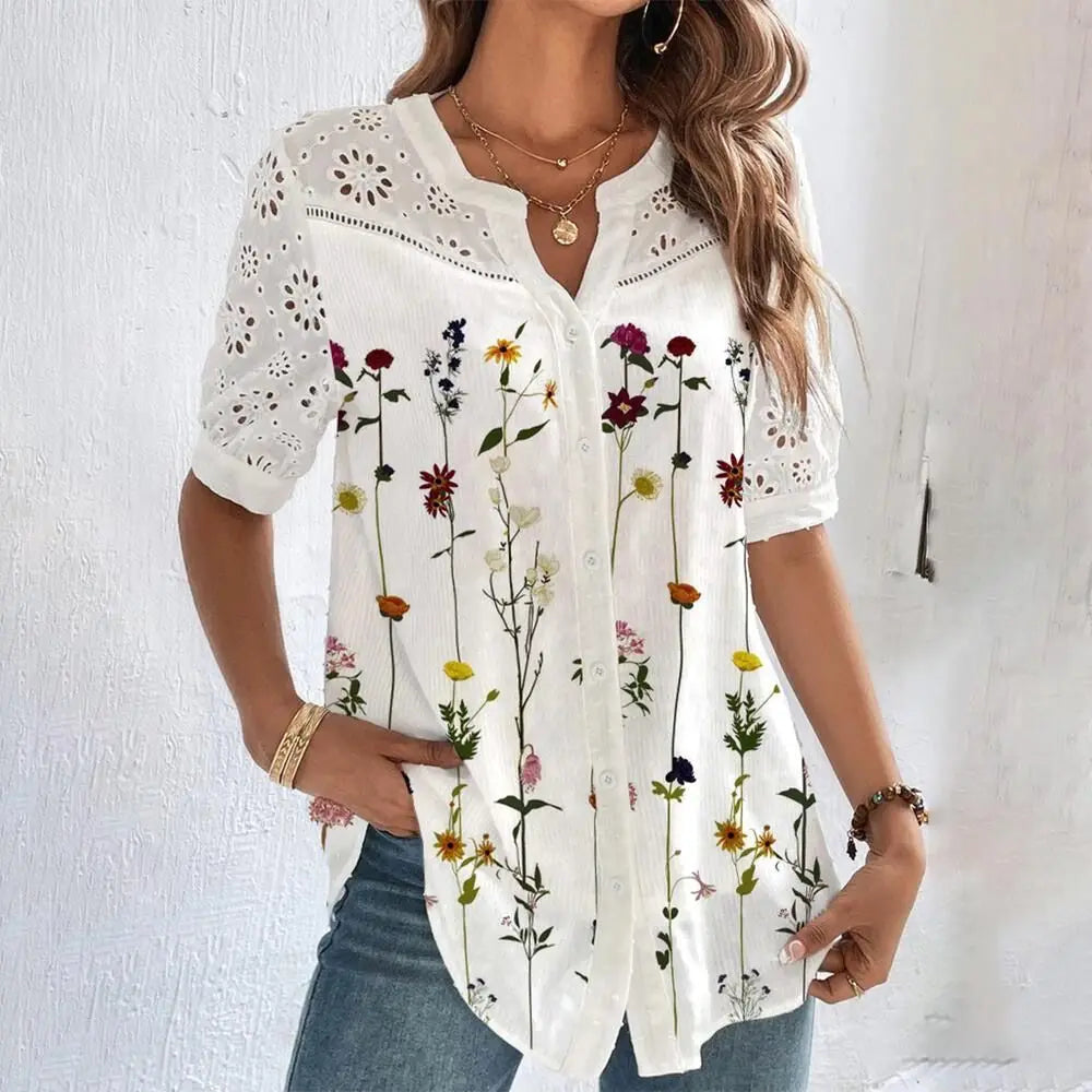 LaceMood™ Casual Lace Shirt with Floral Design, Loose Fit, Short Sleeves, Perfect for Holiday Style.