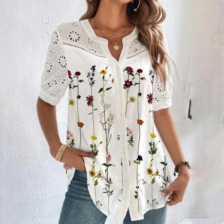 LaceMood™ Casual Lace Shirt with Floral Design, Loose Fit, Short Sleeves, Perfect for Holiday Style.