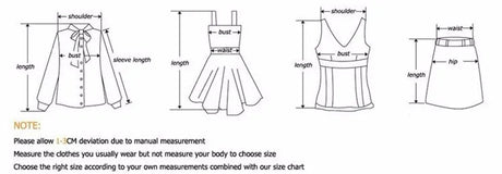 Size measurement guide for women's clothing, showing bust, waist, hip, and sleeve lengths.