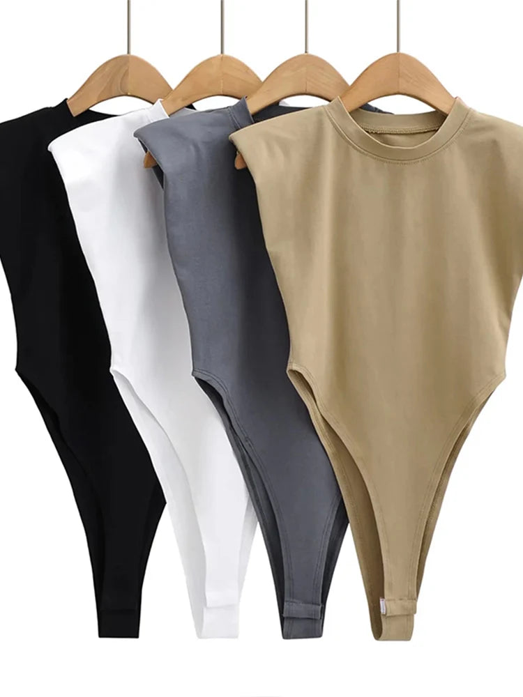 Women's Sleeveless Padded Shoulder Bodysuit – Summer Bodycon One-Piece