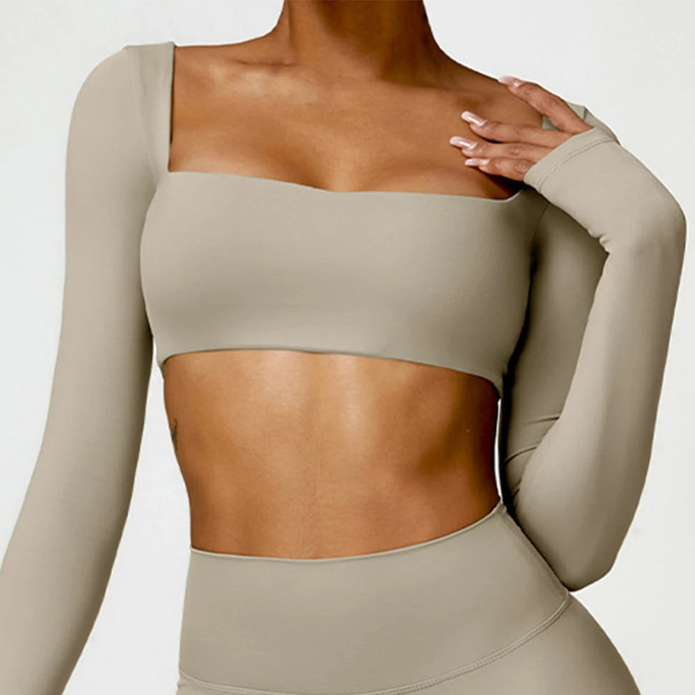 Women's Seamless Long Sleeve Yoga Crop Top – Quick-Dry Square Neck Gym Shirt