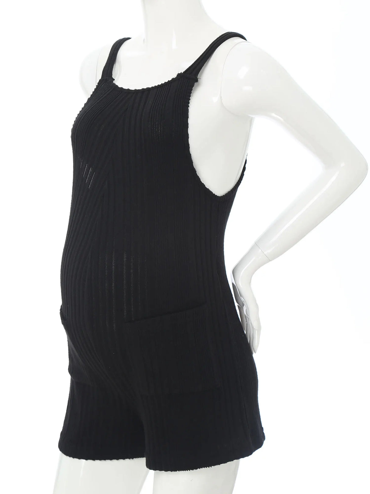 Sleeveless ribbed maternity jumpsuit in black, perfect for casual summer wear and designed for comfort during pregnancy.