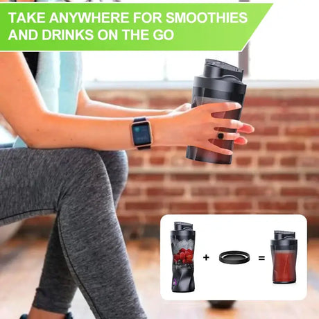 Person holding a portable electric juicer for smoothies and drinks, showcasing its convenience for on-the-go use.