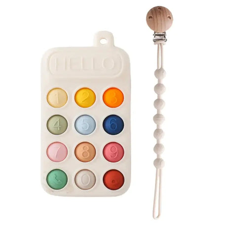 Silicone baby teether phone toy with colorful buttons and wooden pacifier clip for infants