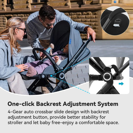 Family using EMU Reversible Baby Stroller with one-click backrest adjustment system for comfort and stability.