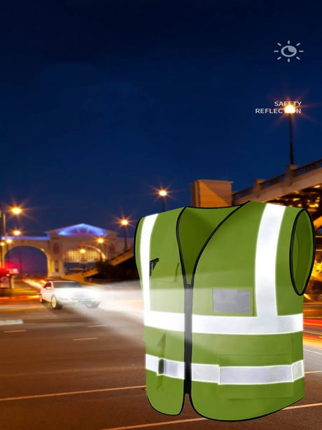 Unisex multi-pocket safety vest in green with reflective stripes, ideal for workwear and safety in low light conditions.