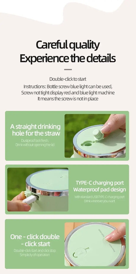 Instructions for double-click start and features of the portable juicer, including drinking hole and waterproof charging port.