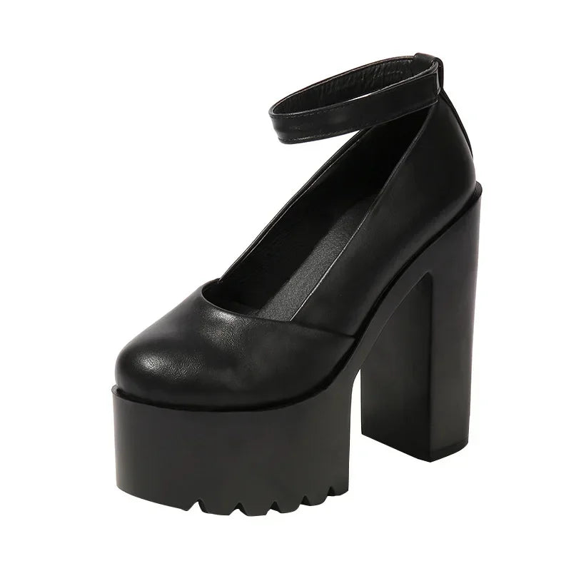 14cm Thick High Heel Pumps – Black PU 2025