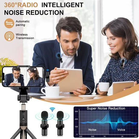 Wireless lavalier microphone for streaming and social media, featuring 360° noise reduction and automatic pairing.