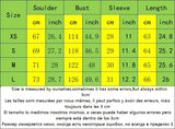 Size chart for WideLine™ oversized striped shirt with measurements in cm and inches for XS, S, M, L.