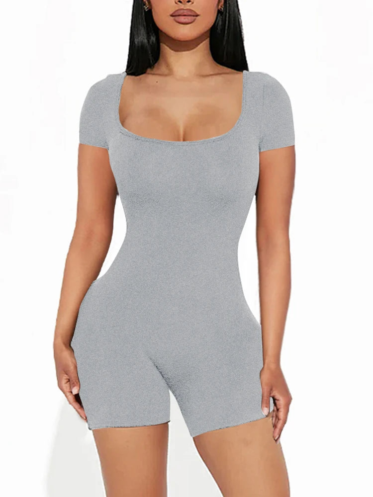 Women Solid Short Sleeve U Neck Jumpsuit
