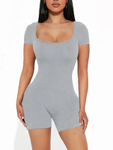 Women Solid Short Sleeve U Neck Jumpsuit