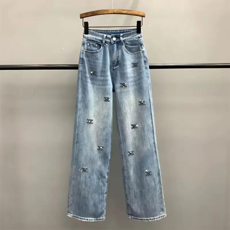 ShineEdge™ – Embroidered Diamond Jeans (Light Blue, Loose Wide Leg)
