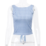 Blue and white plaid backless Y2K crop top for women, perfect for streetwear style.