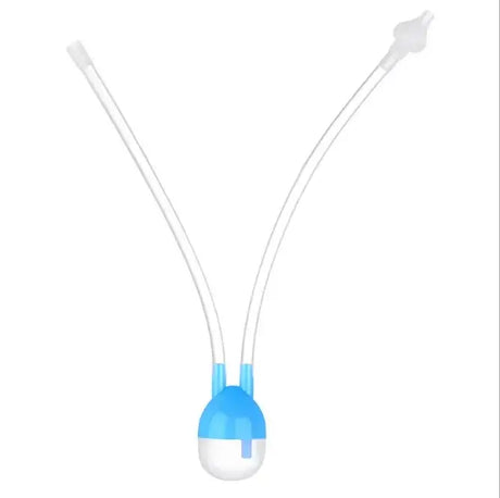 Blue and white owl-shaped nasal aspirator for babies, safe silicone material, easy to use with mouth suction.