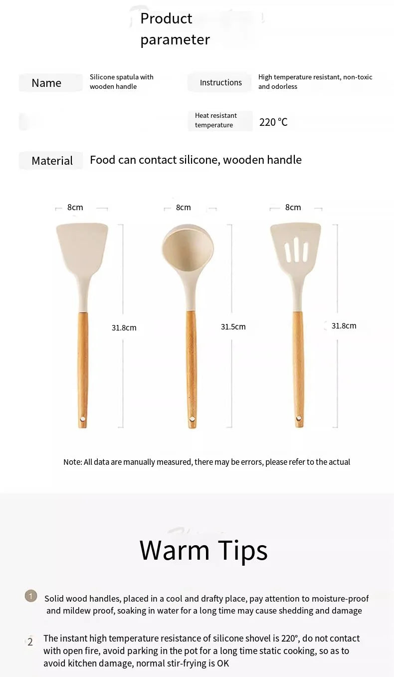 Silicone Cooking Utensil Set with Wooden Handle