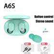 TWS A6S Wireless Bluetooth Headset in mint green with button control and USB cable gift, showcasing stereo sound.