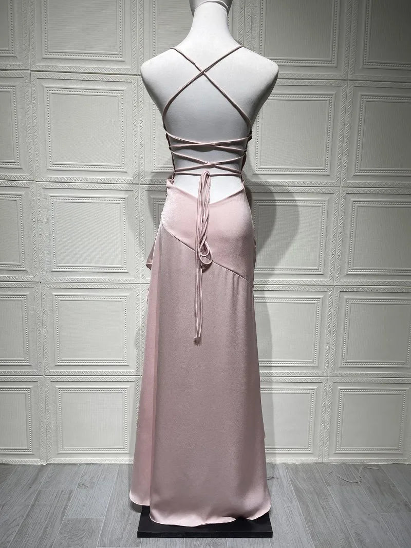 Women's Satin Lace-Up Maxi Dress