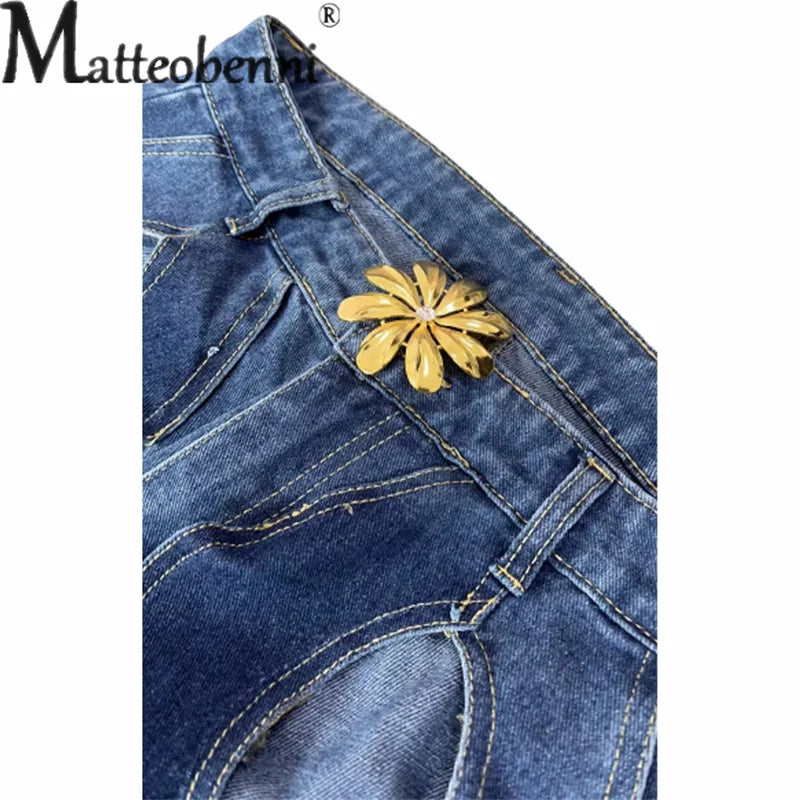 Women Hollow Out Stripe High Waist Jeans