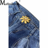 Women Hollow Out Stripe High Waist Jeans