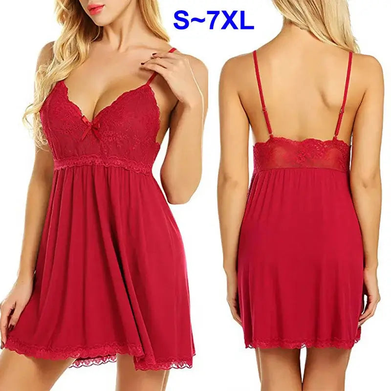 Women Plus Size Lace Nightgown Sexy Deep V Sleepwear