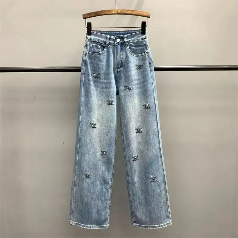 ShineEdge™ – Embroidered Diamond Jeans (Light Blue, Loose Wide Leg)