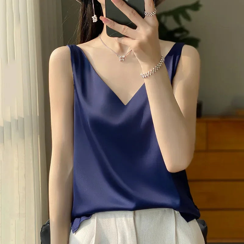 Ice Silk Satin V‑Neck Camisole Crop Top
