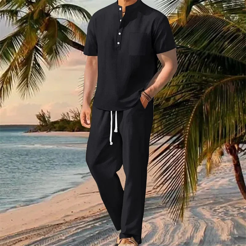 Men Henley Shirt Pants Set