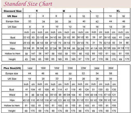Standard size chart for women’s clothing including US, European, and UK sizes with measurements for bust and waist.