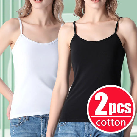 BasicBreeze™ solid cotton strap camis in white and black, essential crop tops for women.