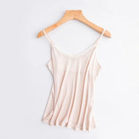 LuxeLace™ Silk Camisole Tank Top in soft pink, sleeveless with V-neck and lace detailing, perfect for comfortable layering.