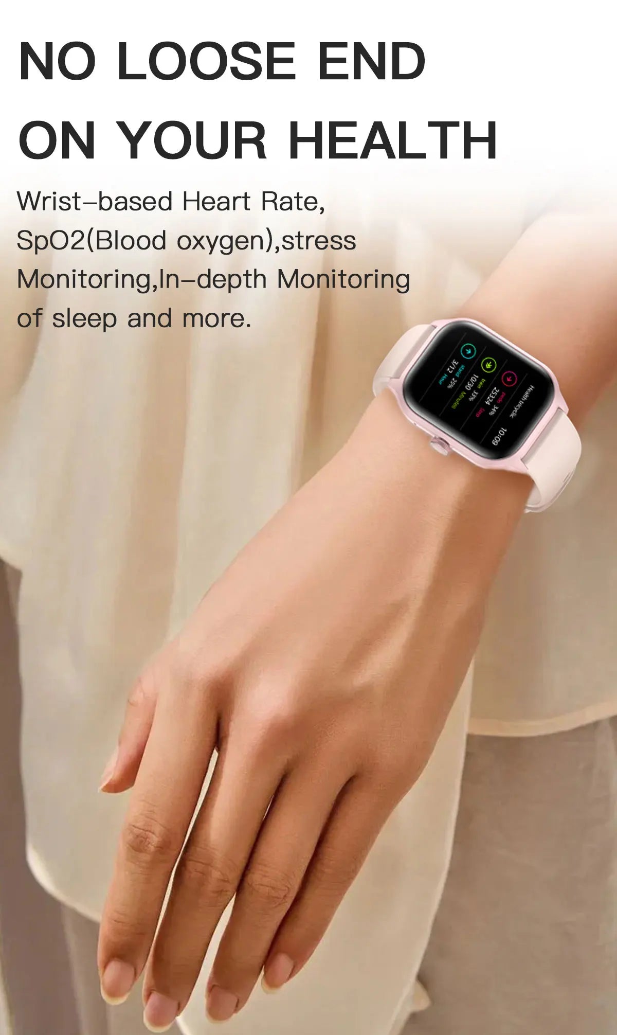 LEMFO LT10 Smart Watch displaying health monitoring features like heart rate, SpO2, and sleep tracking on a wrist.