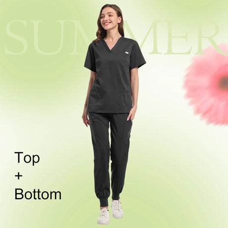 Multicolor women's scrub set featuring a short sleeve top and pants, ideal for healthcare professionals in summer.