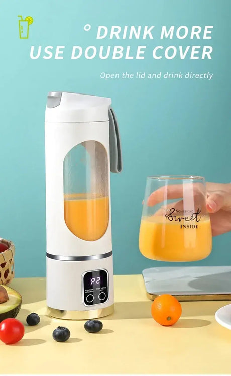 Portable fruit juicer with double cover, showing orange juice being poured into a glass. Ideal for quick hydration.