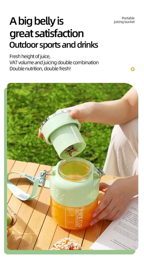 Handheld portable juicing bucket in outdoor setting, showcasing healthy juice and convenience for sports and drinks.