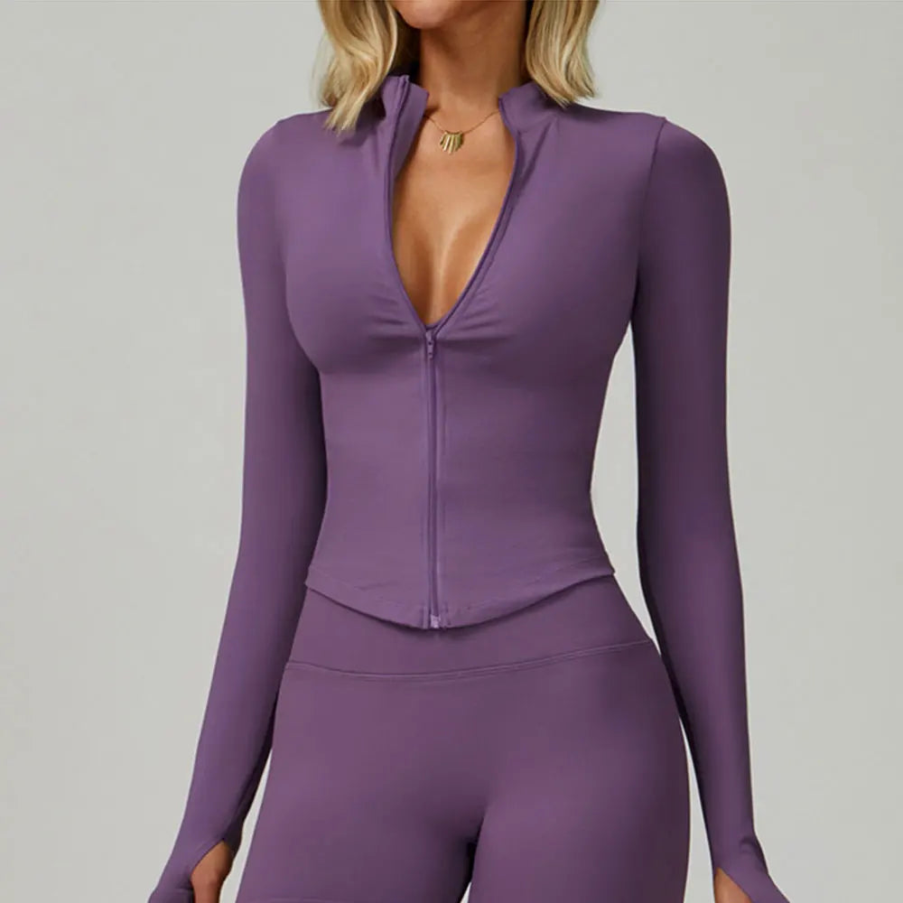 Ribbed Women's Yoga Jacket – Long Sleeve Standing Collar Fitness Top