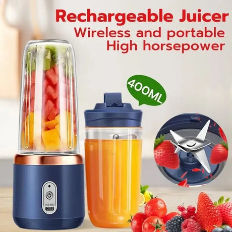 Portable 400ml rechargeable juicer blender, wireless with stainless steel blades, perfect for smoothies and juices.