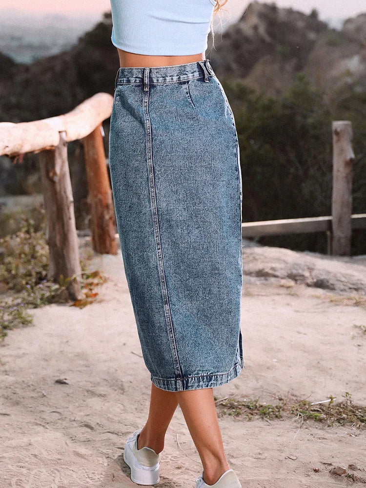 SpiceShape™ – Button Bodycon Denim Skirt (Autumn/Winter Streetwear)