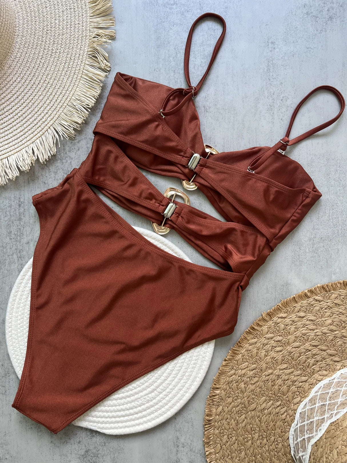 Women Metal Ring Bandeau Swimsuit