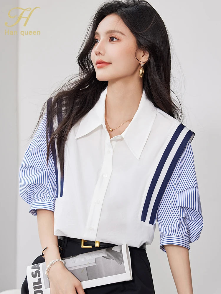StripeMuse Colorblock Chiffon Shirt with Turn-Down Collar, perfect for office casual and vintage summer styles.
