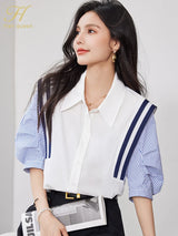 StripeMuse Colorblock Chiffon Shirt with Turn-Down Collar, perfect for office casual and vintage summer styles.