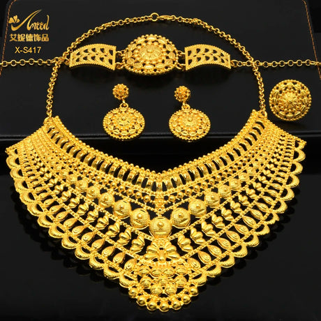 Luxury Indian bridal jewelry set featuring a 24K gold plated necklace, earrings, and bracelet for weddings.