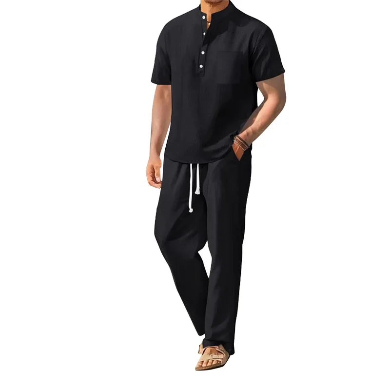Men Henley Shirt Pants Set
