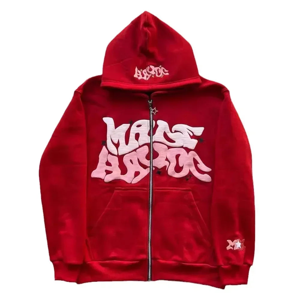 Unisex Retro Letter Zip Hoodie