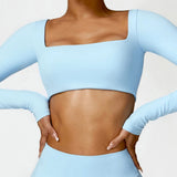 Women's Seamless Long Sleeve Yoga Crop Top – Quick-Dry Square Neck Gym Shirt