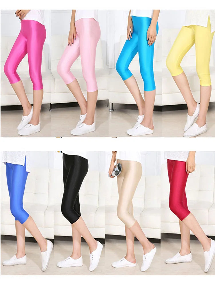 Women Shiny Neon Spandex Capri Leggings