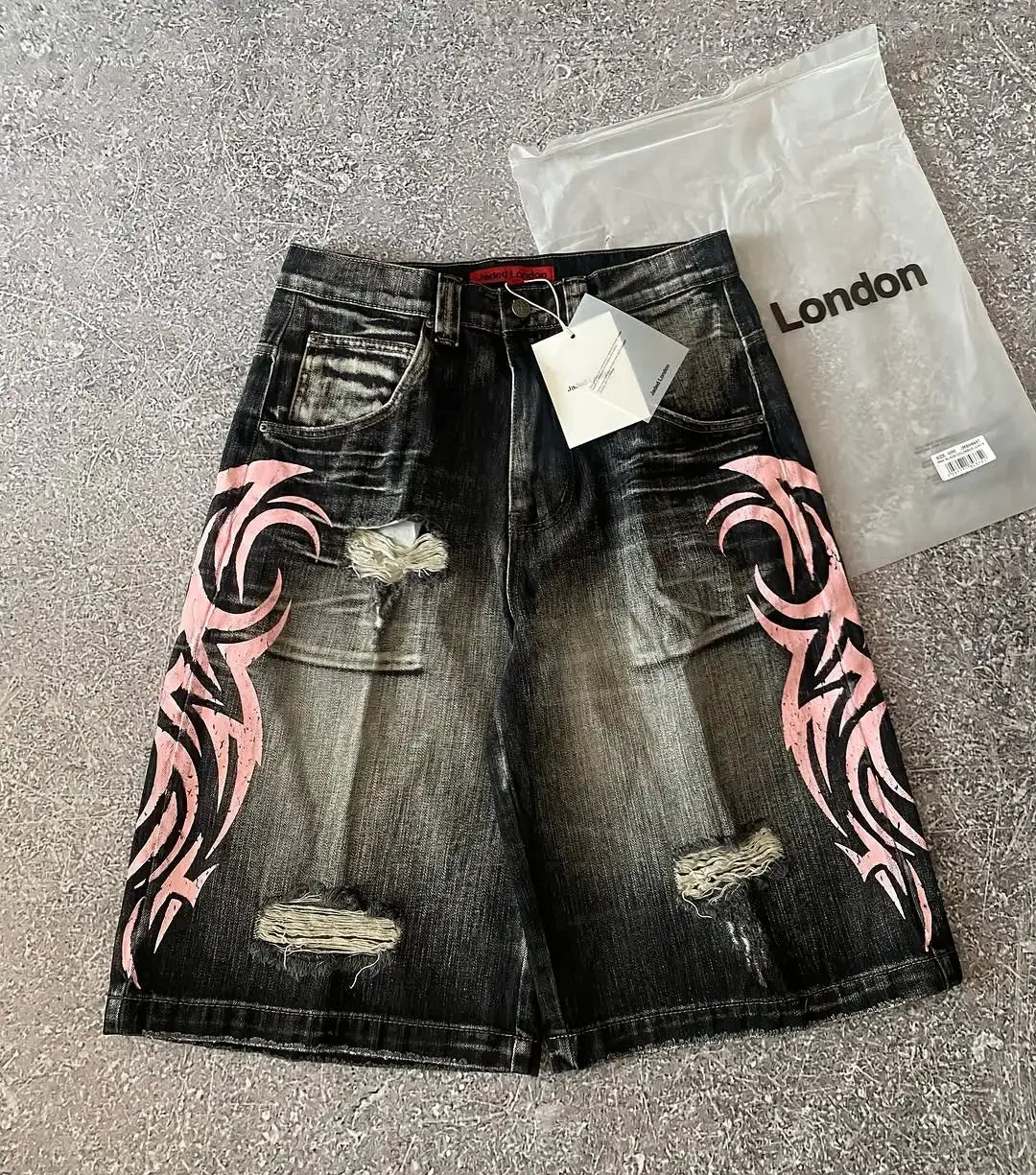 FlameShorts™ – Rhinestone Baggy Shorts (Y2K Flame Street Look)